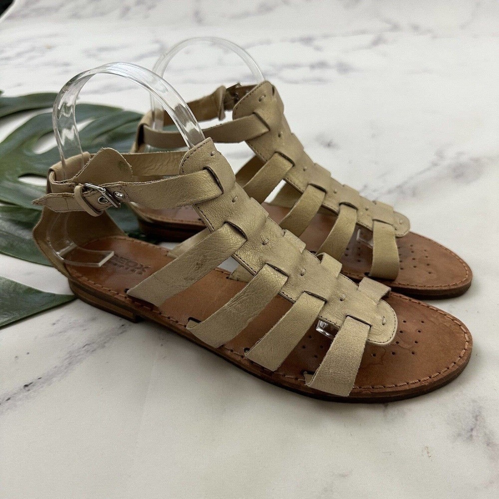 Geox Respira Womens Gold Leather Sandals Sz 39 8 Gladiator Flat Strappy Metallic